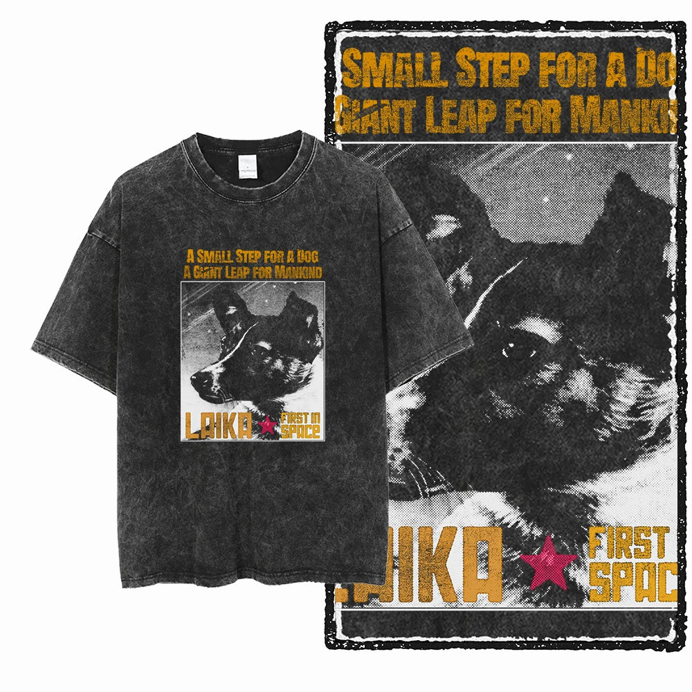 the SPACE TRAILBLAZER - DCA Laika Dog Printed Acid Washed Cotton Streetwear Exclusive Graphic Unisex T-Shirt, Cool Vintage Men T-Shirts