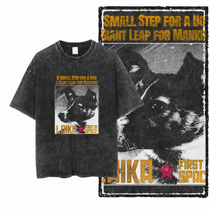 the SPACE TRAILBLAZER - DCA Laika Dog Printed Acid Washed Cotton Streetwear Exclusive Graphic Unisex T-Shirt, Cool Vintage Men T-Shirts