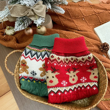 Christmas Dog Sweater with Reindeer Pattern, Red Green High Neck Pullover for Dogs Cats, Warm Winter Puppy Clothes Holiday Wear
