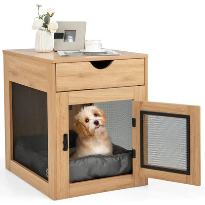 the DOGGY NIGHTSTAND - Dog Crate Furniture with Wireless Charging Function & USB Ports, Furniture Style Small Dog Crate, End Table with Drawer & Removable