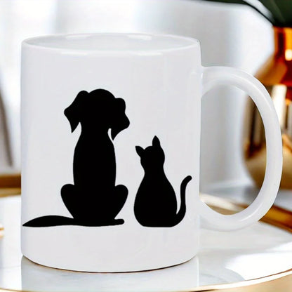 Cute Dog & Cat Silhouette Ceramic Mug - White Reusable Coffee Cup with Black Pet Design, Hand Wash Only, Perfect Gift for Pet Lo