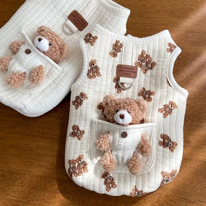 Winter New INS Cotton Dog Clothes Pocket Little Bear Cotton Jacket Vest Chest Back Pet Dog Cat Warm Printed Bear Sleeveless