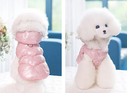 the PUFFY PRINCESS - Fashion Winter Dog Down Jacket, Warm Fleece Pet Coat for Small Dogs, Yorkshire Shih Tzu Luxury Fur Collar Puppy Clothes Outfits