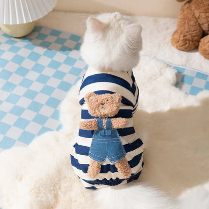 Thin Dog Clothes for Small Dogs Cute Bear Striped Dog Jumpsuit Pet Dog Coat Four Legs Dog Pajamas Kitten Puppy Sweatshirt Autumn
