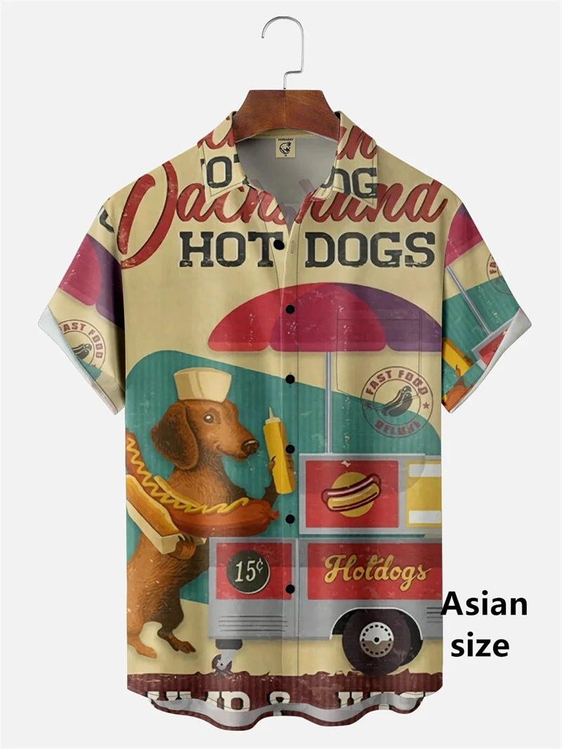 the HOT DOG DACHSHUND - Funny Cartoon Hot Dog Dachshund Graphic Shirts, Men/Women 3D Printed Casual Vacation Hawaiian Short Sleeve Shirts, Button Blouse