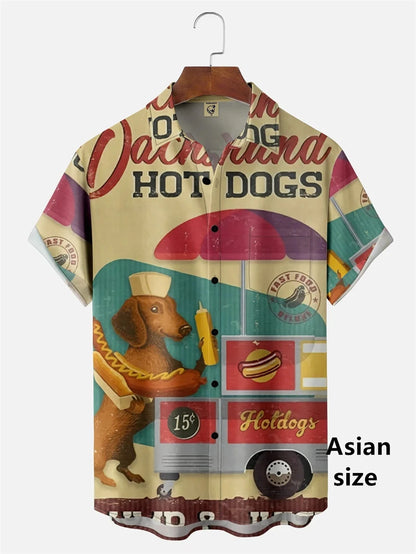 the HOT DOG DACHSHUND - Funny Cartoon Hot Dog Dachshund Graphic Shirts, Men/Women 3D Printed Casual Vacation Hawaiian Short Sleeve Shirts, Button Blouse