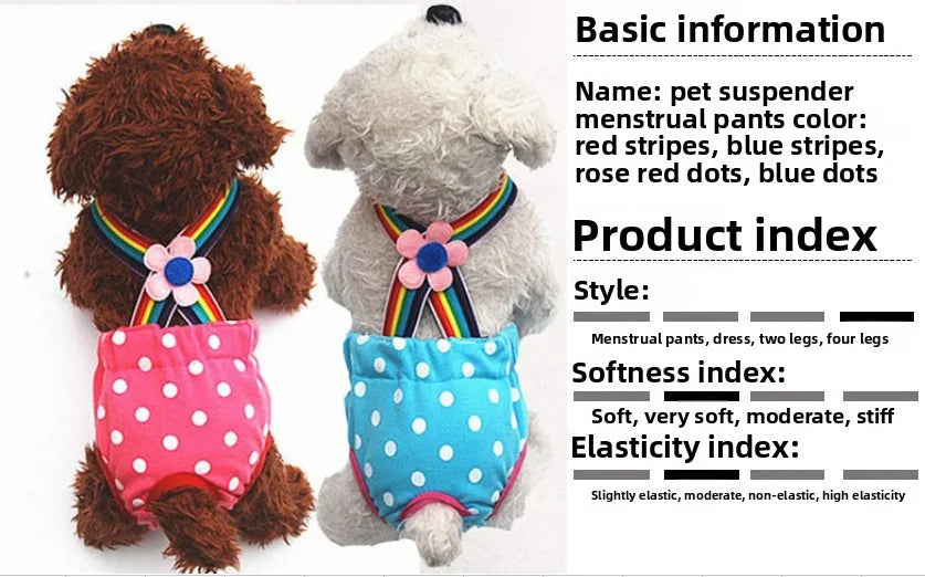 Adjustable Pet Diaper Pants for Female Dogs with Rainbow Suspenders Cute Polka Dot Puppy Sanitary Underwear Reusable Dog Shorts