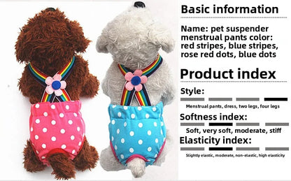 Adjustable Pet Diaper Pants for Female Dogs with Rainbow Suspenders Cute Polka Dot Puppy Sanitary Underwear Reusable Dog Shorts