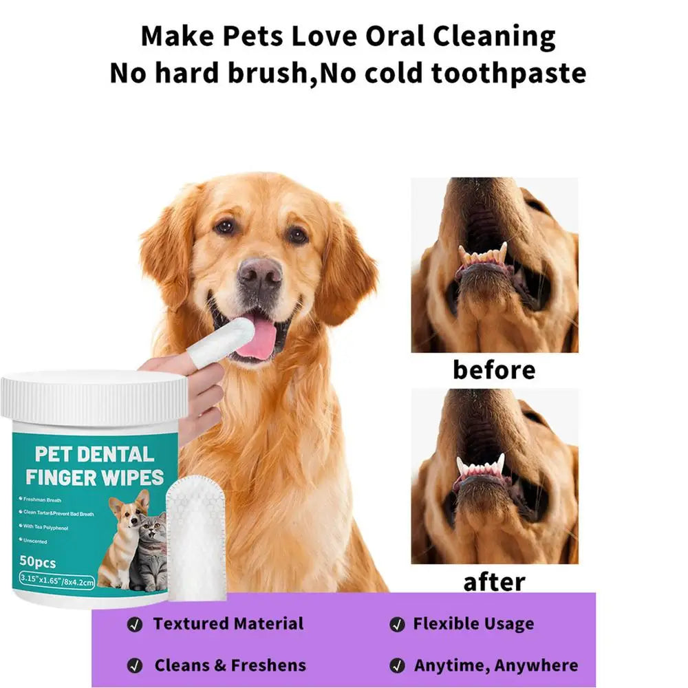 Pet Teeth Cleaning Finger Wipes 50-Pieces Pet Dog Teeth Brushing Wipes For Cleaning Bad Breath Remover Wipes For Outdoors