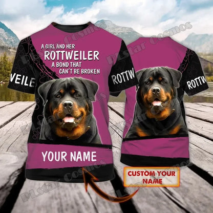the ALPHA ROTTWEILER - Personalized Name Rottweiler Never Walk Alone 3D Printed Men's T-Shirt, Summer Casual Unisex Tee Shirt, Gift for Dog Lovers