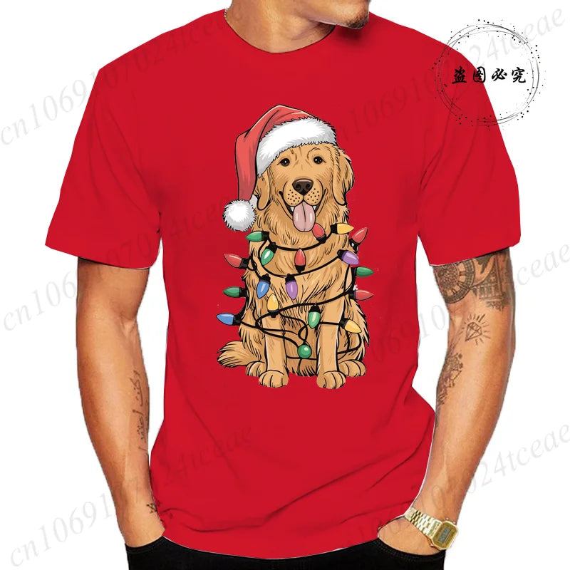 the GOLDEN CHRISTMAS - New Men's T-Shirts Christmas Golden Retriever Print T-Shirts, Round Neck Short Sleeve Casual T-Shirt, Happy New Year Dog Shirts