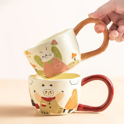 350ML Cartoon Hand Painted Bunny bear Coffee Cups Irregular Ceramic Mug Large Handle Home Office Milk Water Cup Kid's Gifts