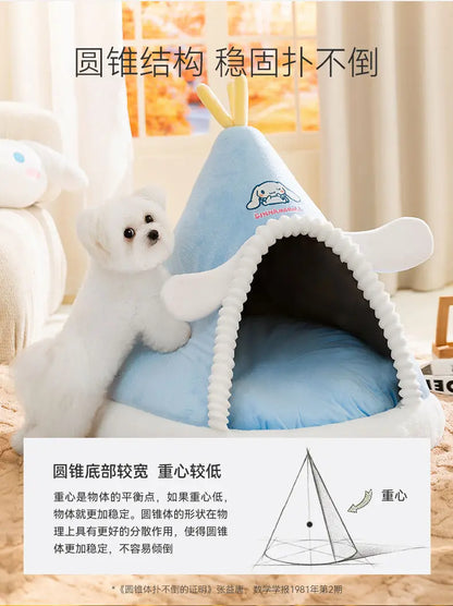 Kawaii Sanrio Cinnamoroll Dog Beds Cute Cat Mats Kennel Winter Warm Enclosed Safe House Removable Washable Sleeping Mat