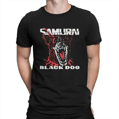 the BLACK DOG SAMURAI - Black Dog T-Shirt, Pure Cotton Novelty T-Shirt, Round Collar Cyber Samurai Punk Tee Shirt, Short Sleeve Clothes Graphic Printed