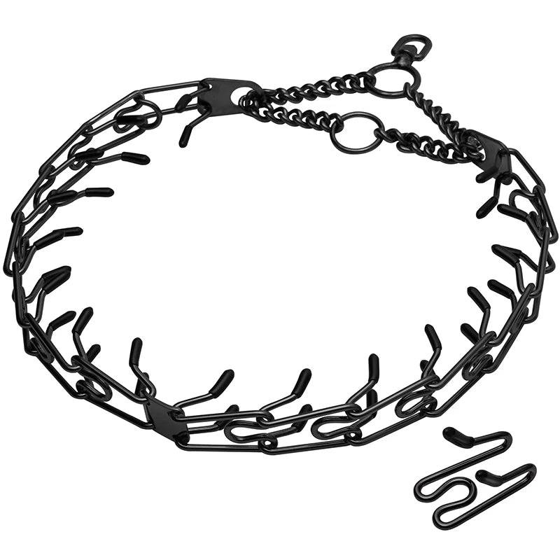 Training Prong Dog Collar Removable Black Pet Link Chain Adjustable Stainless Steel Metal Spike Necklace with Comfort Rubber Tip