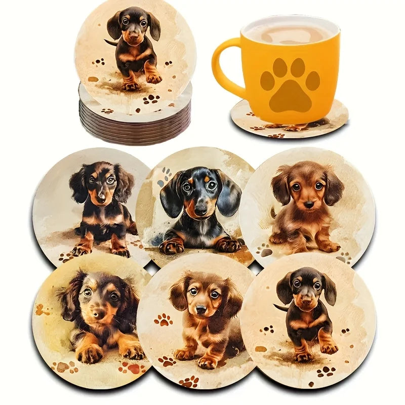 6/8pcs 2D single-sided dog pattern heat resistant non-slip round wooden coaster perfect family afternoon tea coffee shop Gifts