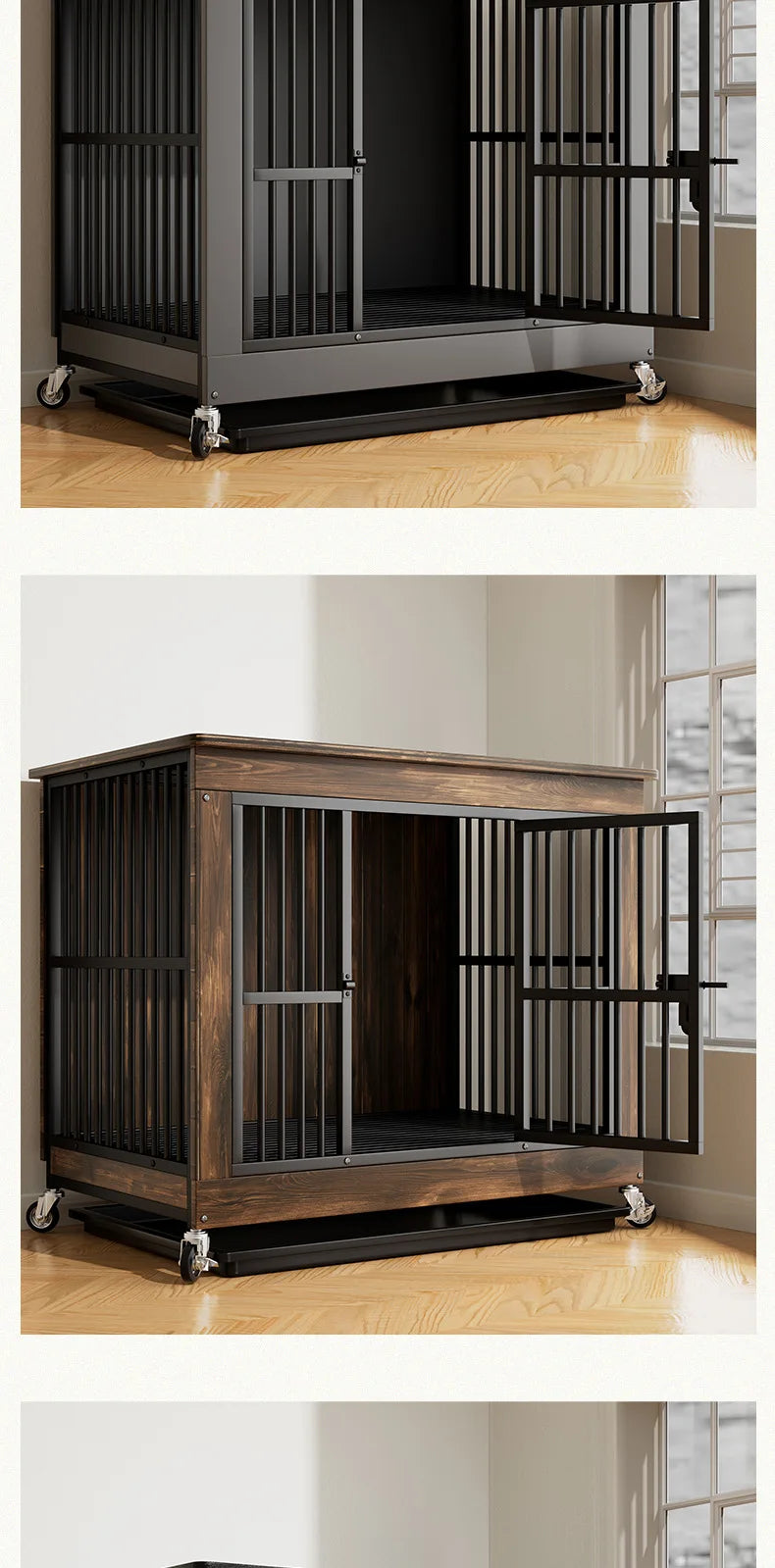 Reinforced Anti-Biting Dog Kennel Sturdy and Durable Wooden Round Pipe Dog Cage with Detachable Wheels Pet Bed