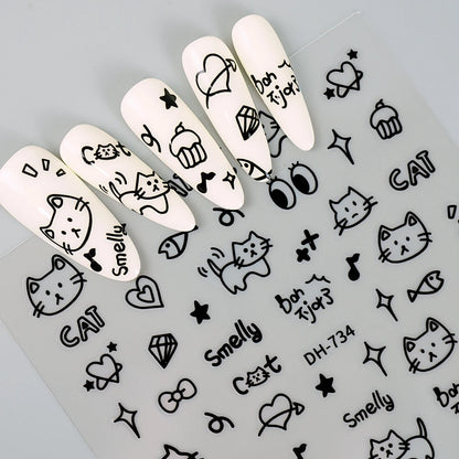 3D Flat Cute Cartoon Nail Stickers Doodle Cat Dog Heart Star Flower Nail Art Stickers Women DIY Manicure Decoration Decals