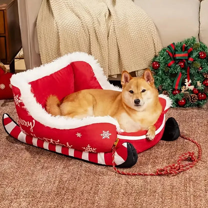 Christmas Sleigh Bed  Removable Washable Plush Pet Warm Sofa with Non-Slip Base Christmas Cat Dog Nest for Winter Indoor Outdoor