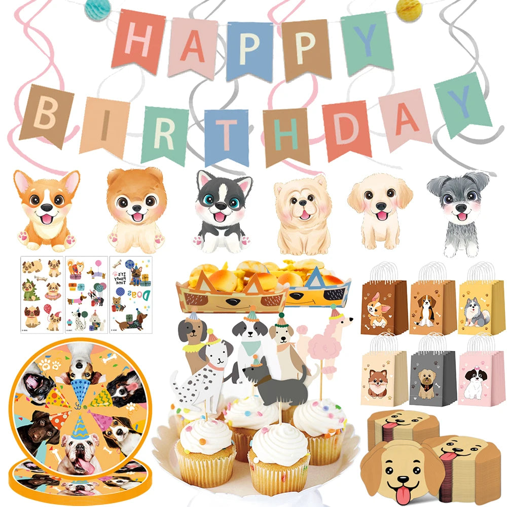 Dog Party Table Decoration Paper Plates Nakpins Banner Hangings Cake Toppers Gift Bags Stickers Kids Puppy Themed Party Supplies