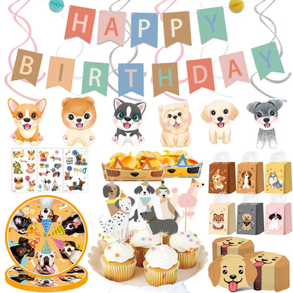 Dog Party Table Decoration Paper Plates Nakpins Banner Hangings Cake Toppers Gift Bags Stickers Kids Puppy Themed Party Supplies