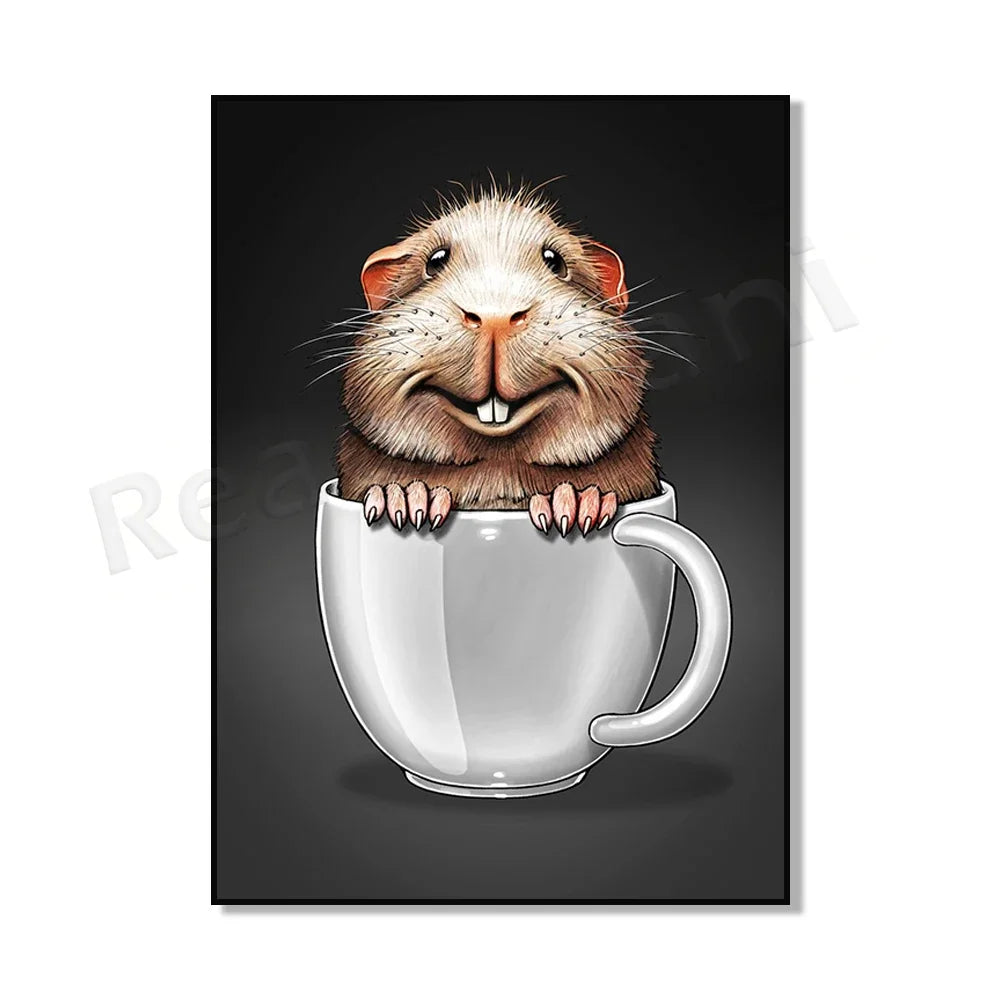 Cat in coffee mug, guinea pig, pug, rabbit, elephant, cat, mug animal canvas poster art picture home decor