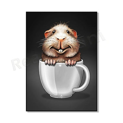 Cat in coffee mug, guinea pig, pug, rabbit, elephant, cat, mug animal canvas poster art picture home decor