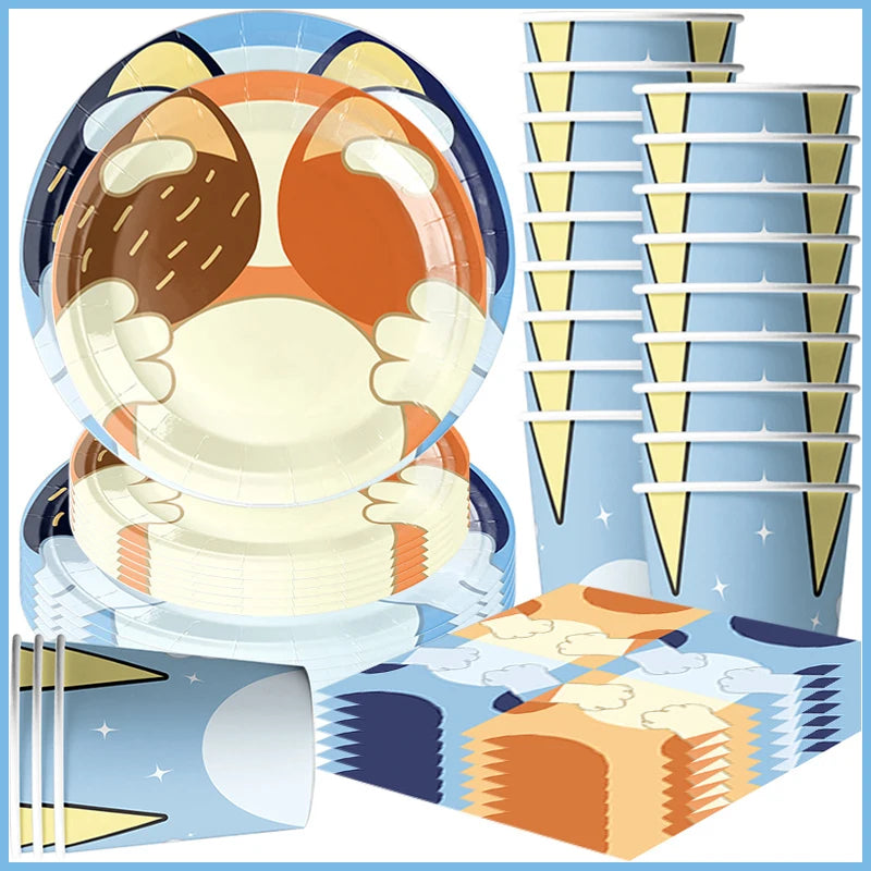 New Cartoon Dog Birthday Party Decoration Setup Boys Children Blue Dogs Party Favor Tableware Plate Napkin Cup Supplies Full Set