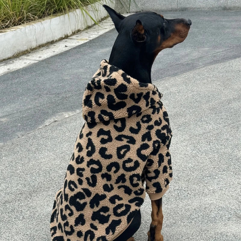 the URBAN LEOPARD ROVER HOODIE - Fashion Leopard Hoodie for Medium/Large Dogs, Warm Fleece Dog Jacket, Doberman Coats for Big Dogs