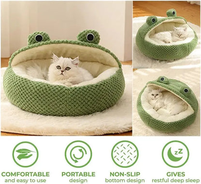 Pet Bed for Small Dogs Cats, Winter Warm Plush Round Puppy Bed Green Cartoon Frog Design Dog Nest Cat Basket