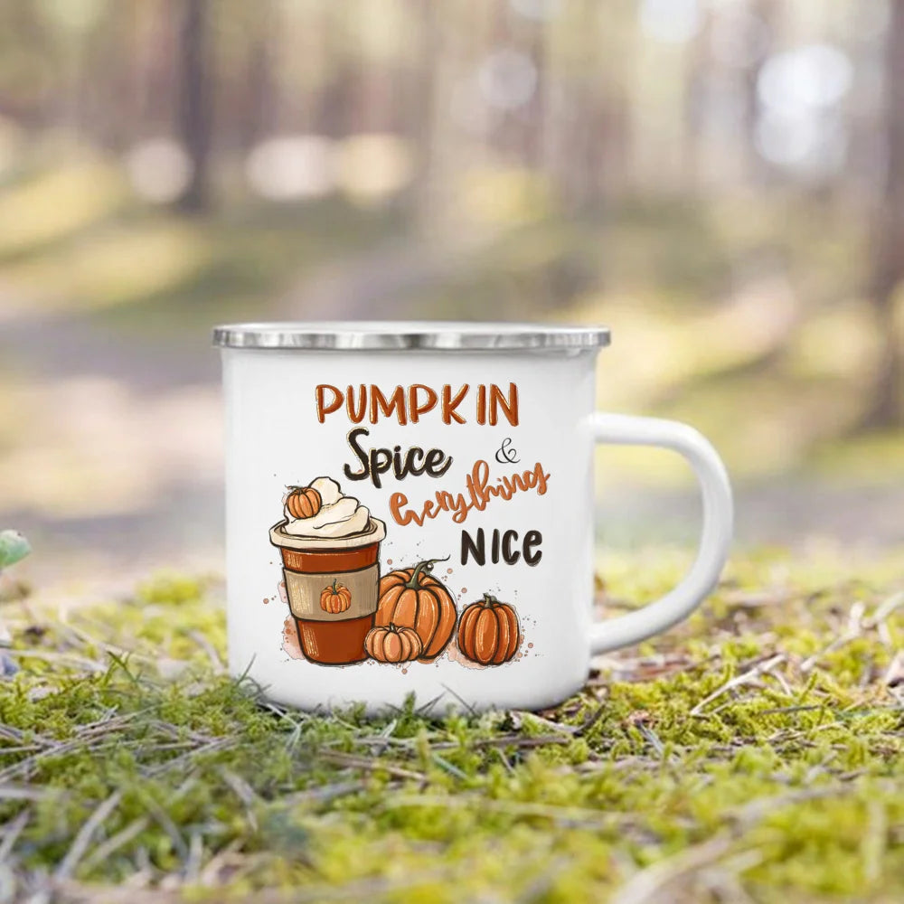Pumpkin Leaves Dog Cat Printed Enamel Mugs Coffee Cups Fall Thanksgiving Party Wine Juice Mug Handle Cup Autumn Holiday Gifts