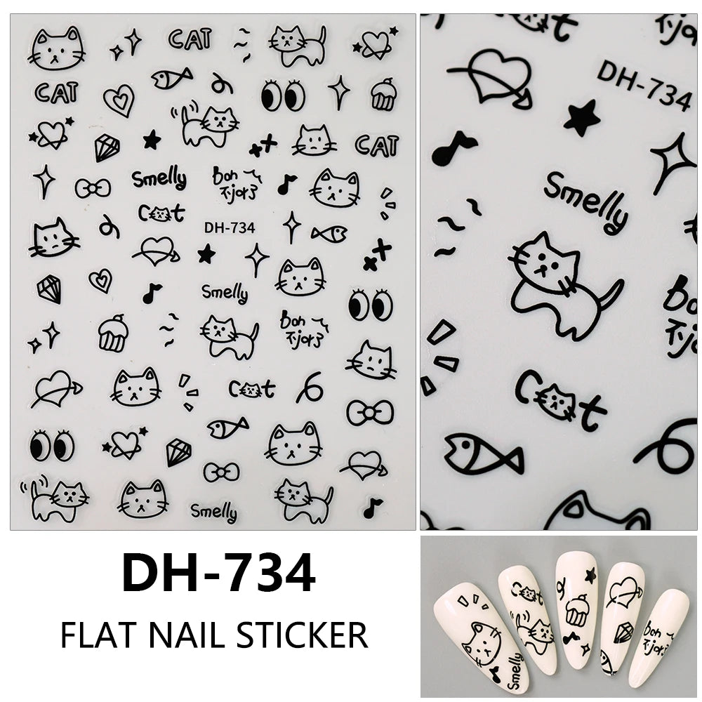 3D Flat Cute Cartoon Nail Stickers Doodle Cat Dog Heart Star Flower Nail Art Stickers Women DIY Manicure Decoration Decals