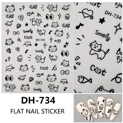 3D Flat Cute Cartoon Nail Stickers Doodle Cat Dog Heart Star Flower Nail Art Stickers Women DIY Manicure Decoration Decals