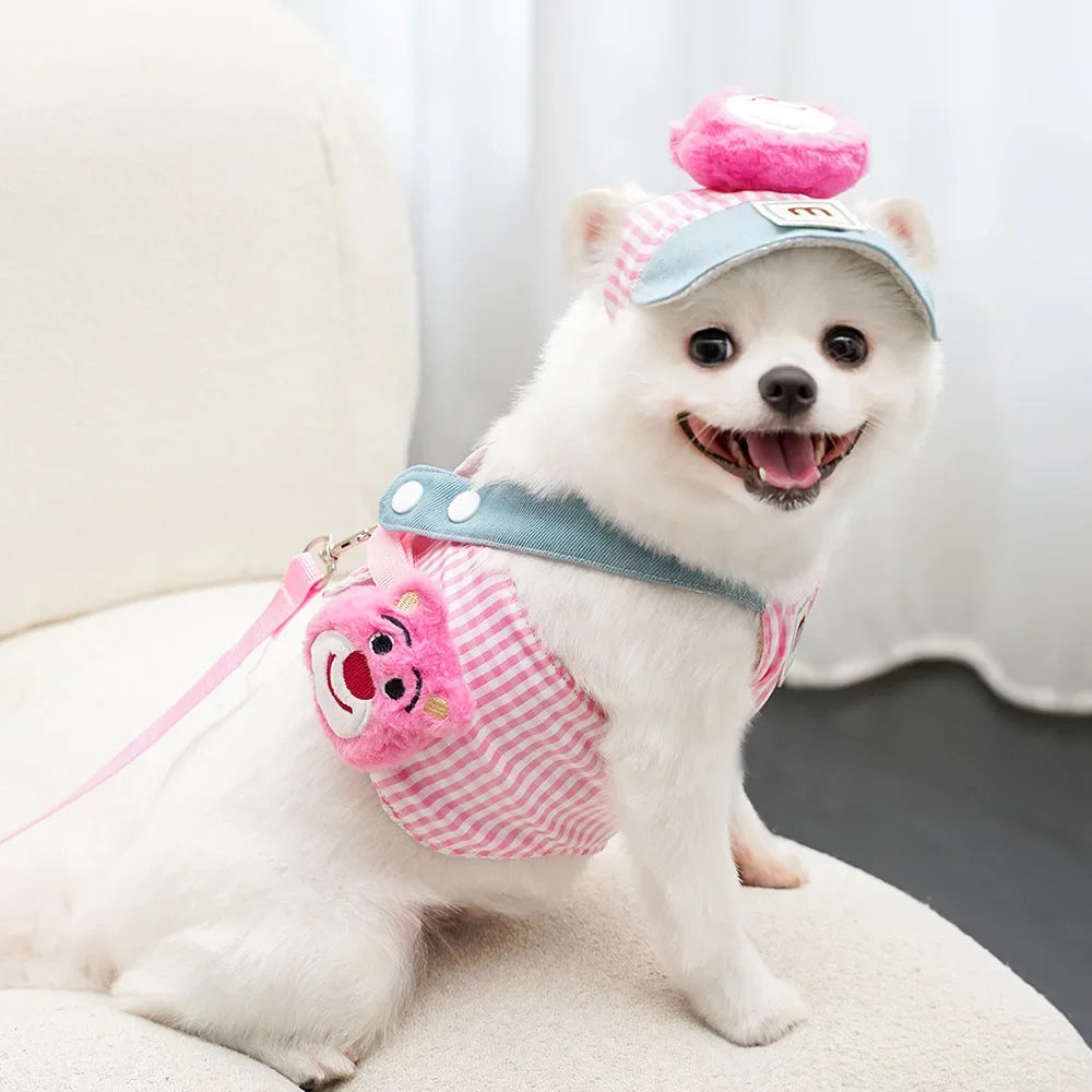 Three-piece Set Pet Cat Dog Chest Harness Traction Rope and Sun Hat Set Spring Summer Breathable Puppy Harness Dog Baseball Cap