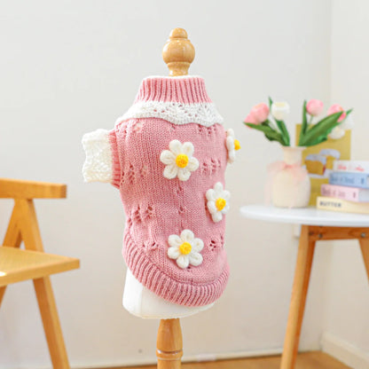 1PC Flower Sweater Pet Clothes Dog Cat Autumn Winter Thickened Warm Elastic Pink Pullover Knitted Sweater