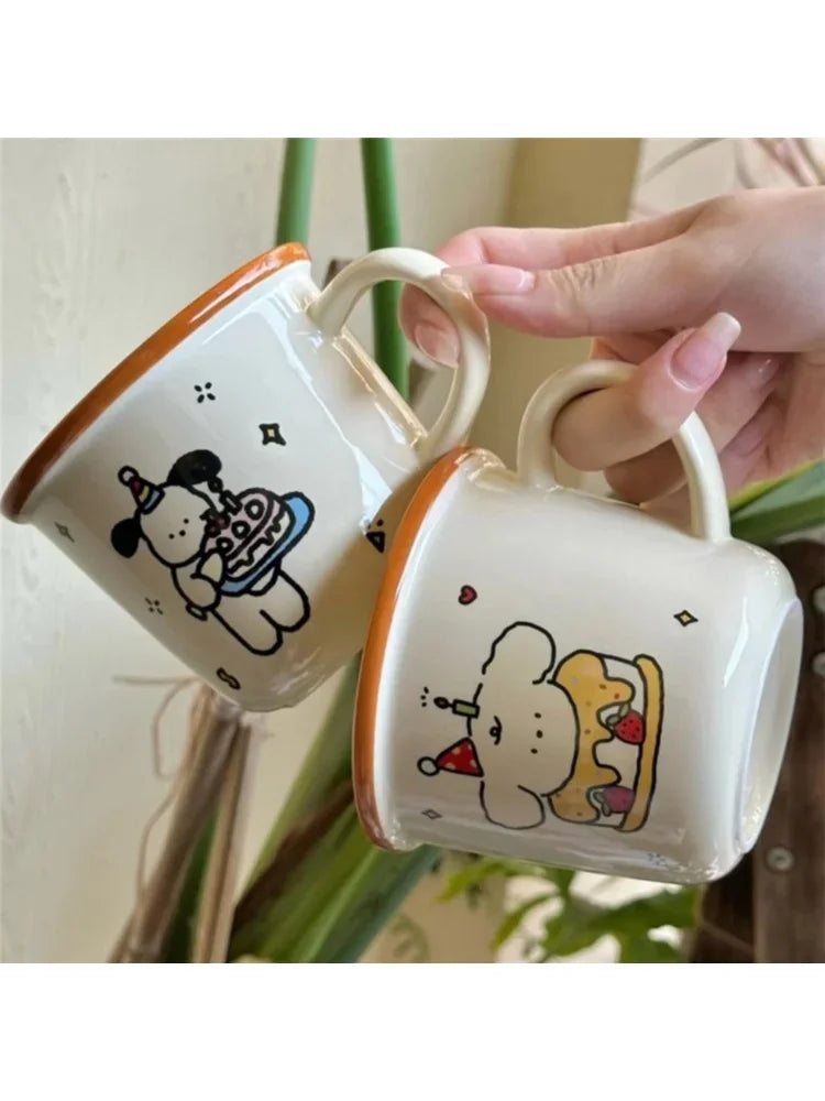 1Pcs Ins Cute Happy Bear Ceramic Mug Kawaii White Puppy Cartoon Coffee Mug Fashion Vintage Afternoon Tea Cup Pair Couple Gift