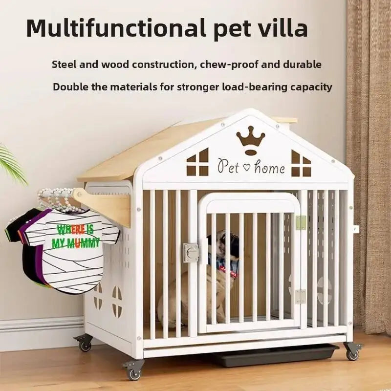 the DOG VILLA - Multi-Functional Solid Wood Steel Frame Pet Dog Villa, Small/Medium-Sized Dog Cage, Indoor Outdoor Dog Cage, Dog Bed with Toilet