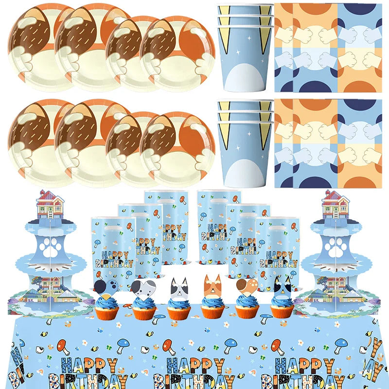 New Cartoon Dogs Birthday Party Decoration Full Set Kit Blue Dog Happy Birthday Plates Napkins Cups Tableware Supplies Kid Favor