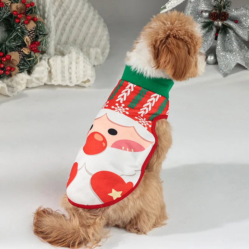 Christmas Santa Dog Vest Warm Fleece, Cartoon Print Pet Jacket, Red/Green, Sleeveless, Sizes S–XL for Small/Medium Dogs