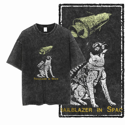 the SPACE TRAILBLAZER - DCA Laika Dog Printed Acid Washed Cotton Streetwear Exclusive Graphic Unisex T-Shirt, Cool Vintage Men T-Shirts
