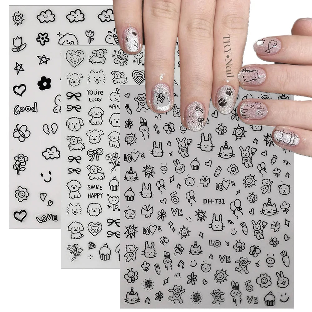 3D Flat Cute Cartoon Nail Stickers Doodle Cat Dog Heart Star Flower Nail Art Stickers Women DIY Manicure Decoration Decals