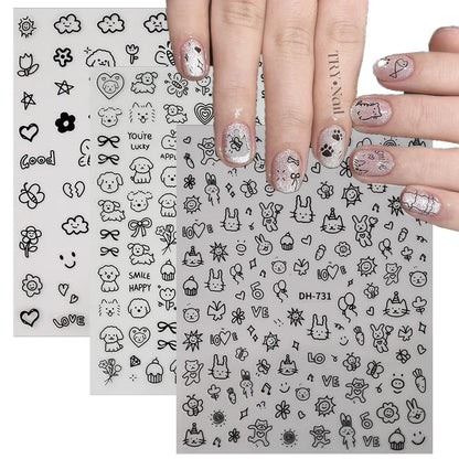3D Flat Cute Cartoon Nail Stickers Doodle Cat Dog Heart Star Flower Nail Art Stickers Women DIY Manicure Decoration Decals