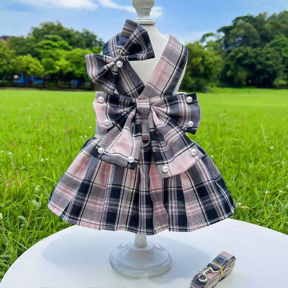 Pet Dog Cat JK Dresses Strap Bow Tie Harness Leash Dog Clothing Skirt Cat Pet Clothing Cosplay Christmas Checker Clothes