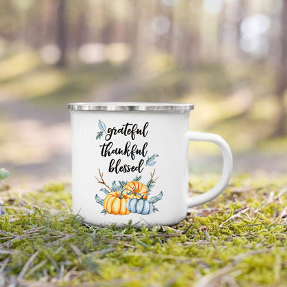 Pumpkin Leaves Dog Cat Printed Enamel Mugs Coffee Cups Fall Thanksgiving Party Wine Juice Mug Handle Cup Autumn Holiday Gifts