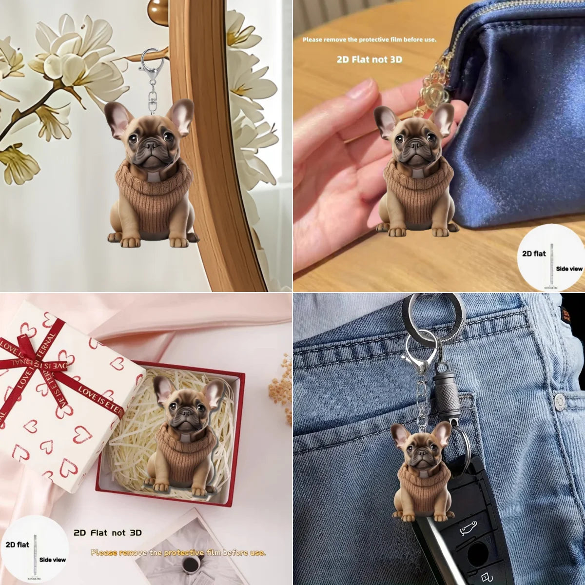 French Bulldog in Sweater Pendant Keychain,Cartoon Puppy 2D Flat Acrylic Ornament,Hanging Decoration for Car,Bags,Festive,Gift