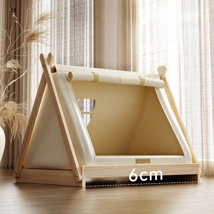 Indoor Dog Tent Pine Wood Dogs Tents Beds Cushion Removable Breathable Dog House Closed Moisture-proof Pet Cat Double Door Tent