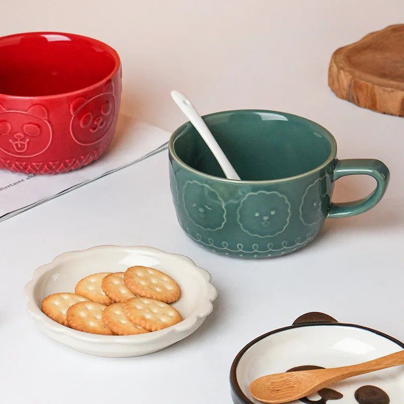 220ML Mug Japanese Shiba Inu Ceramic Coffee Cup Saucer Cartoon Animal Breakfast Milk Cup Embossed Coffee Cup Afternoon Tea Suppl