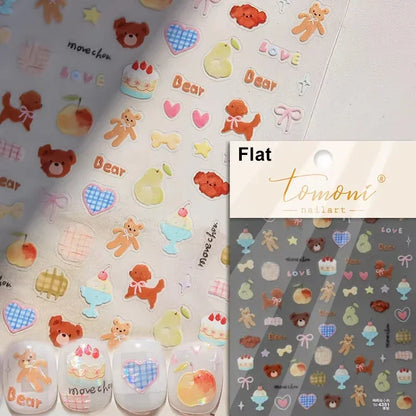 Graffiti Cat Claw Rabbit Bunny Bear Dog Flower Lovely Animal Fruit Dim Sum Candy Sunflower Adhesive 5D Nail Art Stickers Decal