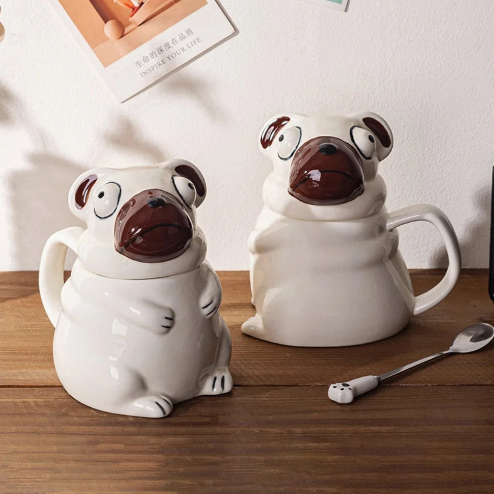 Cartoon Dog Shaped Ceramic Coffee Mug With Lid And Spoon Cute Pug Shaped Breakfast Milk Tea Water Cups Porcelain Cup Funny 500ML