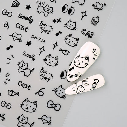 3D Flat Cute Cartoon Nail Stickers Doodle Cat Dog Heart Star Flower Nail Art Stickers Women DIY Manicure Decoration Decals